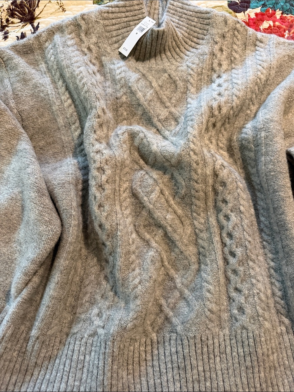 Gap Cable Knit Mockneck Sweater Gray with a slight silver sparkle thread, Medium